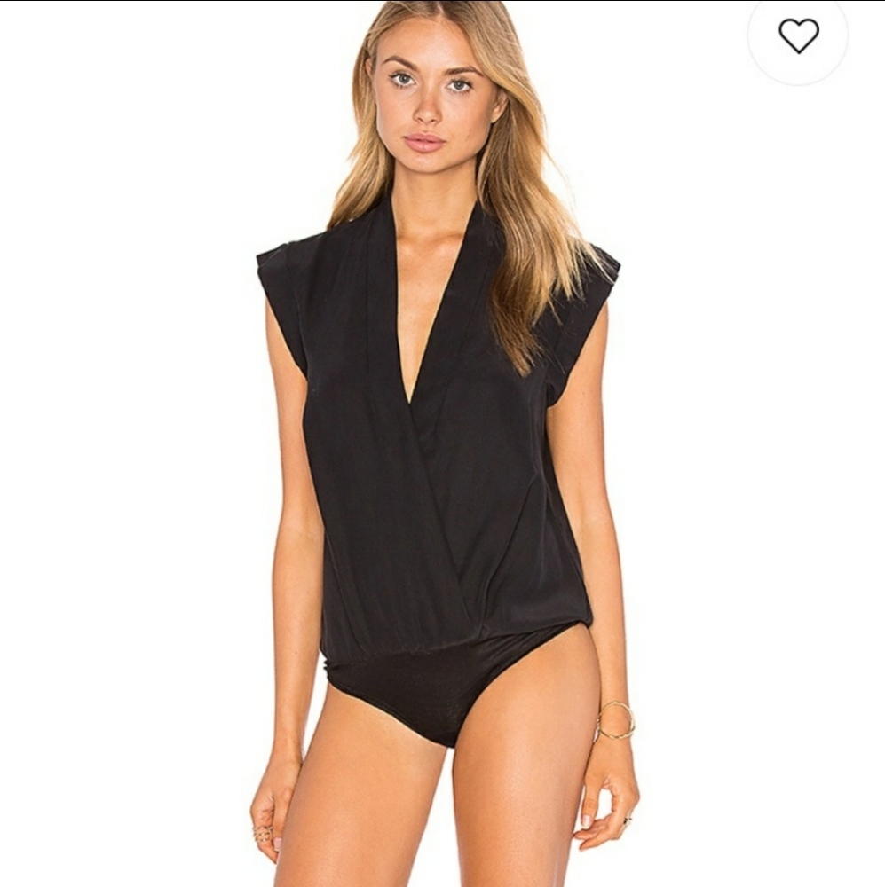 Lamarque Cinta Surplice Black Viscose Cap Sleeve Bodysuit